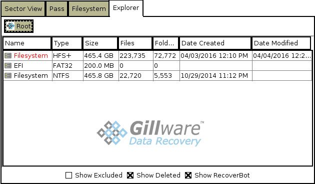HOMBRE shows recently-created filesystems, such as the filesystem in this reformatted partition data recovery case, in red text.